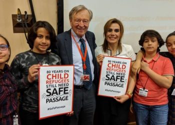 Lord Alf Dubs pictured with campaigners from the charity SafePassage