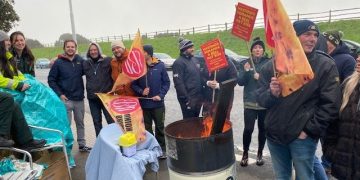 Ambulance workers - members of the GMB union - on picket duty outside the ambulance station in Bohemia Road, Hastings.
