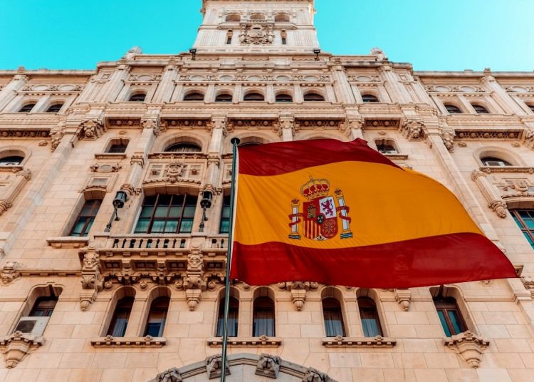 The Spanish flag outside a building in Madrid