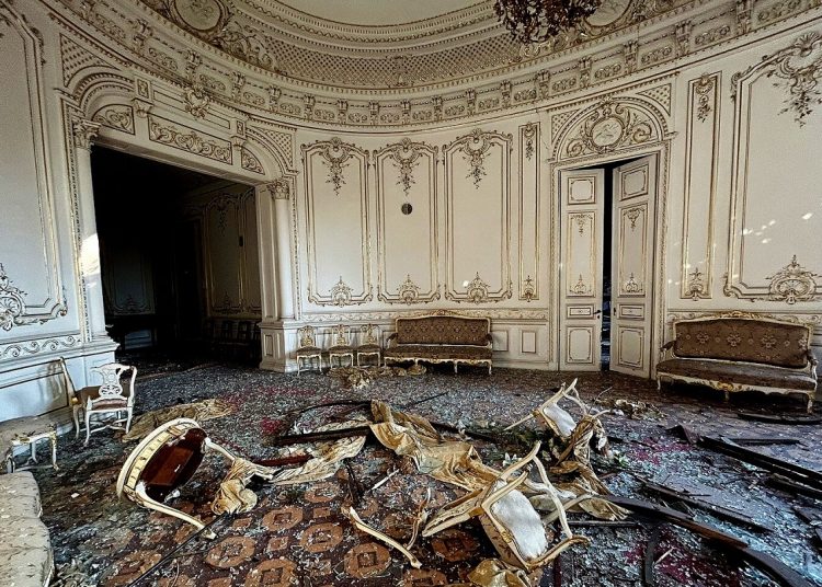 Damaged White Hall, House of Scientists, Odesa, after Russian bombing, July 2023.