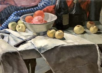 Painting showing a bowl of fruit on a table, fruit on table cloth