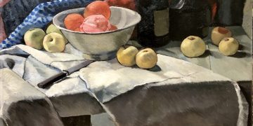 Painting showing a bowl of fruit on a table, fruit on table cloth