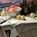 Painting showing a bowl of fruit on a table, fruit on table cloth