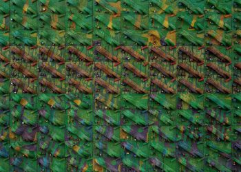 Artwork in greens and brown called Tightrope by Elias Sime.