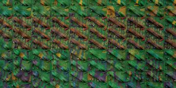Artwork in greens and brown called Tightrope by Elias Sime.