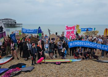 Group of protesters on Brighton beach
