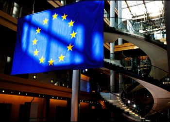 The European Union flag in the European Parliament in Strasbourg