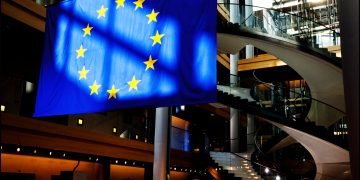 The European Union flag in the European Parliament in Strasbourg