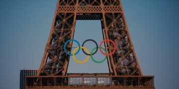 The Olympic rings on the Eiffel tower, Paris.
