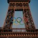 The Olympic rings on the Eiffel tower, Paris.