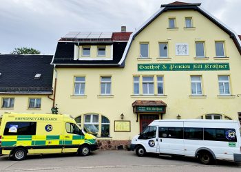 Ambulance and Bus enroute to Kyiv near Leipzig