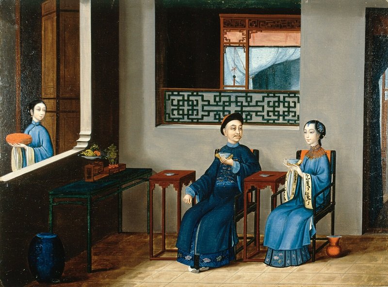 Couple drinking tea in China, c.1800.