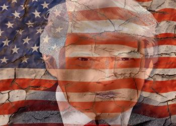 Image of Donald Trump superimposed on the American flag