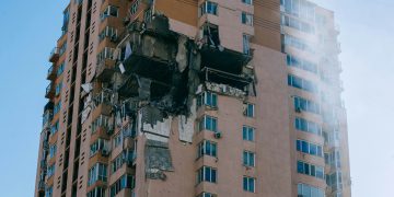 bomb-damaged building in Ukraine
