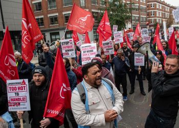 Bus drivers demonstrating with flags