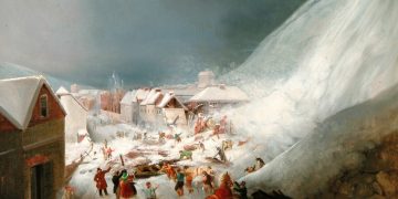 Oil painting of the Lewes avalanche by Thomas Henwood. Reproduced with kind permission of The Sussex Archaeological Society.