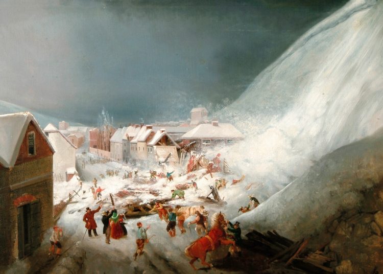 Oil painting of the Lewes avalanche by Thomas Henwood. Reproduced with kind permission of The Sussex Archaeological Society.