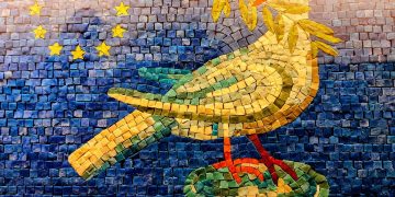 mosaic of bird of peace and EU symbol