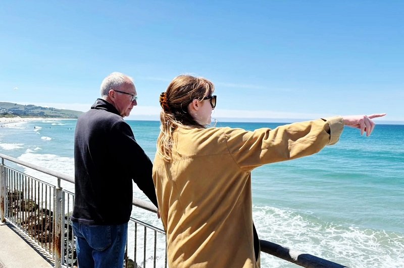 The author and her Dad on St Clair beach