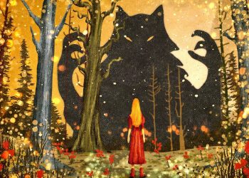 Little Red Riding Hood image with giant shadow of the wolf