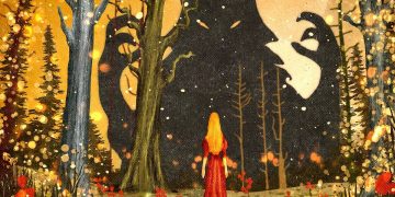 Little Red Riding Hood image with giant shadow of the wolf
