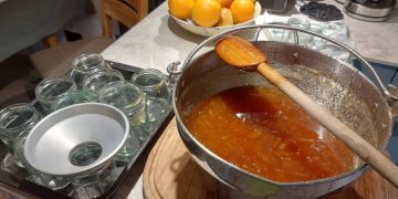 A kitchen worktop with marmalade ingredients