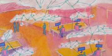 A pink and yellow abstract image of an office with people working, chatting and walking around. Above their heads are clouds of network connections. It was painted with guache and drawn with pencils.