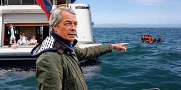 Cold War Steve image of Farage on a boat pointing at a dinghy.