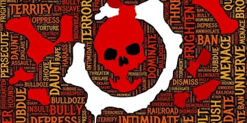 Graphic showing a skull surrounded by words such as bully, intimidate, demoralize