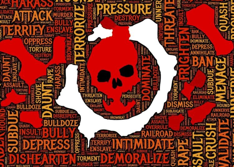 Graphic showing a skull surrounded by words such as bully, intimidate, demoralize