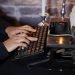 Person using a typewriter