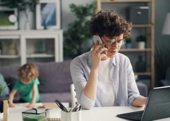 A woman working at home