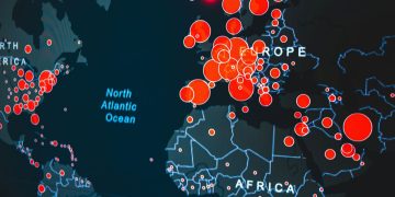 Map of the world with red heat dots