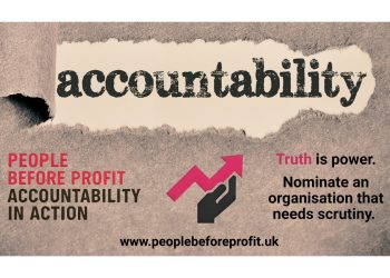 Poster promoting accountability with torn paper revealing the word 'accountability,' plus 'People before profit, accountability in action' and a rising pink arrow hand graphic; site www.peoplebeforeprofit.uk.