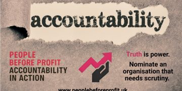 Poster promoting accountability with torn paper revealing the word 'accountability,' plus 'People before profit, accountability in action' and a rising pink arrow hand graphic; site www.peoplebeforeprofit.uk.