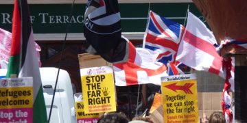 Flags and banners at the march
