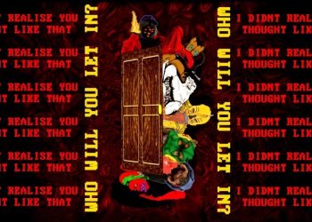 Bold collage poster with a central wooden door, red swirling background, and repeating red text: 'I didn't realise you thought like that', plus vertical yellow words.
