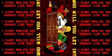 Bold collage poster with a central wooden door, red swirling background, and repeating red text: 'I didn't realise you thought like that', plus vertical yellow words.
