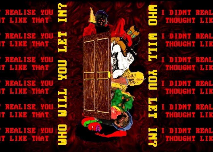 Bold collage poster with a central wooden door, red swirling background, and repeating red text: 'I didn't realise you thought like that', plus vertical yellow words.